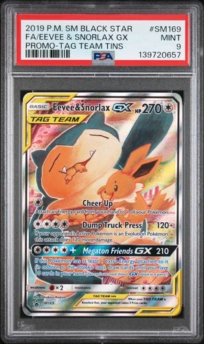 2019 POKEMON SM BLACK STAR PROMO TAG TEAM TINS FULL ART/EEVEE & SNORLAX GX PSA 9