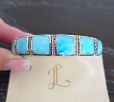 Marahlargo 925 Fine Silver Larimar Hinged Bangle Bracelet Silver Tone