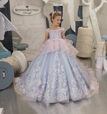 Kingdom Boutique Girls Formal Flower Girl Blue Pink Floral Applique Lace Dress