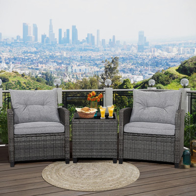 Gymax 3PCS Patio Rattan Sofa Set Outdoor Wicker Conversation Set Glass Tabletop 