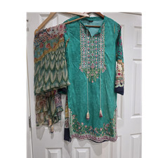 Sapphire Teal Embroidered 2-Piece Kameez w/ Chiffon Dupatta Set Size Small 