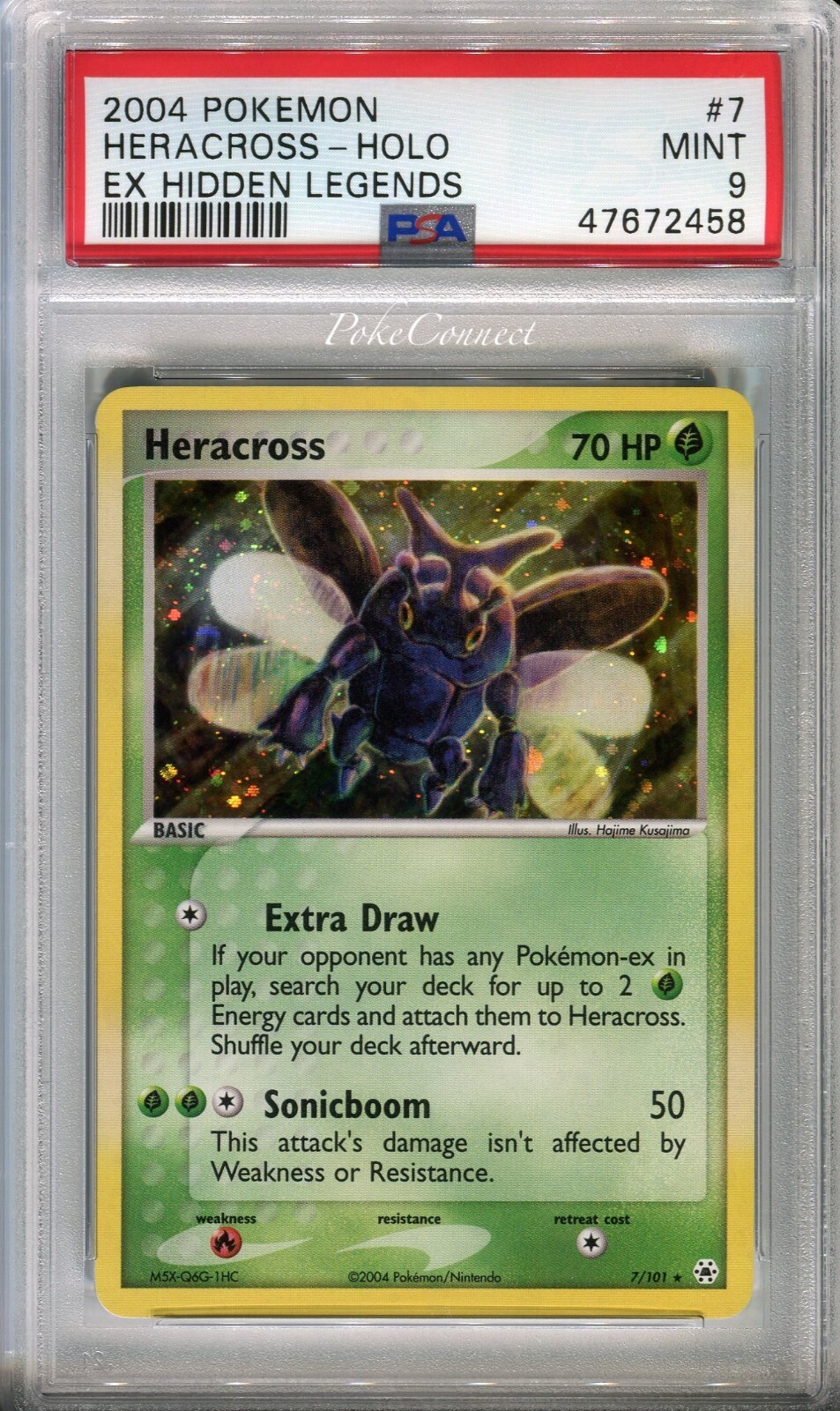 PSA 9 MINT Pokemon Heracross Holo Rare 2004 ex Hidden Legends #7/101 SWIRL!