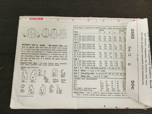 Simplicity 3510 Vintage 50s 60s Maternity Top Shirt Sz 12 Bust 32 Cut Complete - Picture 4 of 5