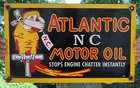 VINTAGE ATLANTIC MOTOR OIL NC 16”PORCELAIN “STOPS ENGINE CHATTER” SIGN GAS