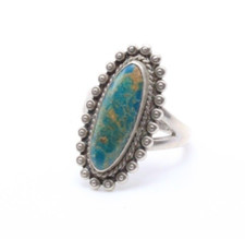 Vintage Hallmarked Sterling Silver Green Turquoise Elongated Classic Design Ring