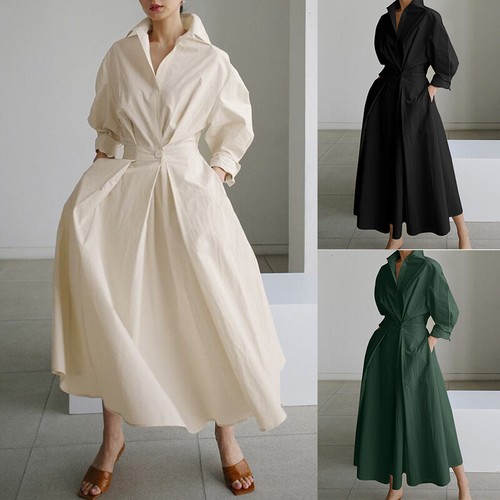 Womens Linen Loose Maxi Dress Ladies Long Sleeve Casual Swing Shirt Dress