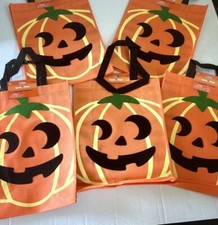 Trick or Treat Candy Bags Totes Halloween Fabric Pumpkin Large Lot of 5 New