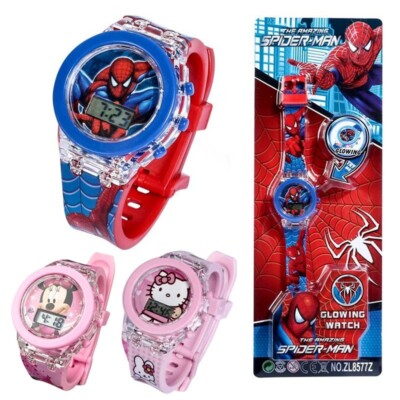 Flash Light Spiderman Kids Watches For  Children Cartoon Hello Kitty Mickey