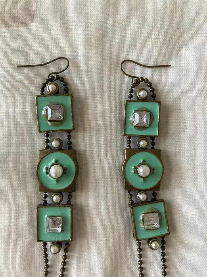 00’S Topshop Mint Green/Brass/Pearl Boho Style Long Drop Statement Earrings VGC - Image 2 of 3