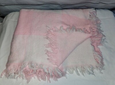 VTG Babyish Ropetex Stripe Plaid Fringe Baby Blanket Acrylic Pink Dolphin Dino