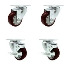 3 Inch Maroon Polyurethane Wheel Swivel Top Plate Caster Set with 2 Brakes SCC