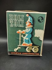 Vintage Wind Up Tin Litho CLOWN ON SCOOTER w/ Box- Lemezarugyar Hungary WORKS 