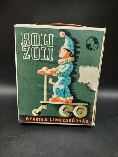 Vintage Wind Up Tin Litho CLOWN ON SCOOTER w/ Box- Lemezarugyar Hungary WORKS!