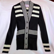 Giamo Cardigan Small Black White Vintage Ribbed Striped Button Front Knit Pocket