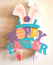 Hoppy Easter Wooden Sign Wreath Wall Door Decor Wood Bunny Ears Feet NEW