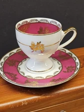 Vintage JKW Western Germany Tea Cup And Saucer Magenta, Gold Courting Couple