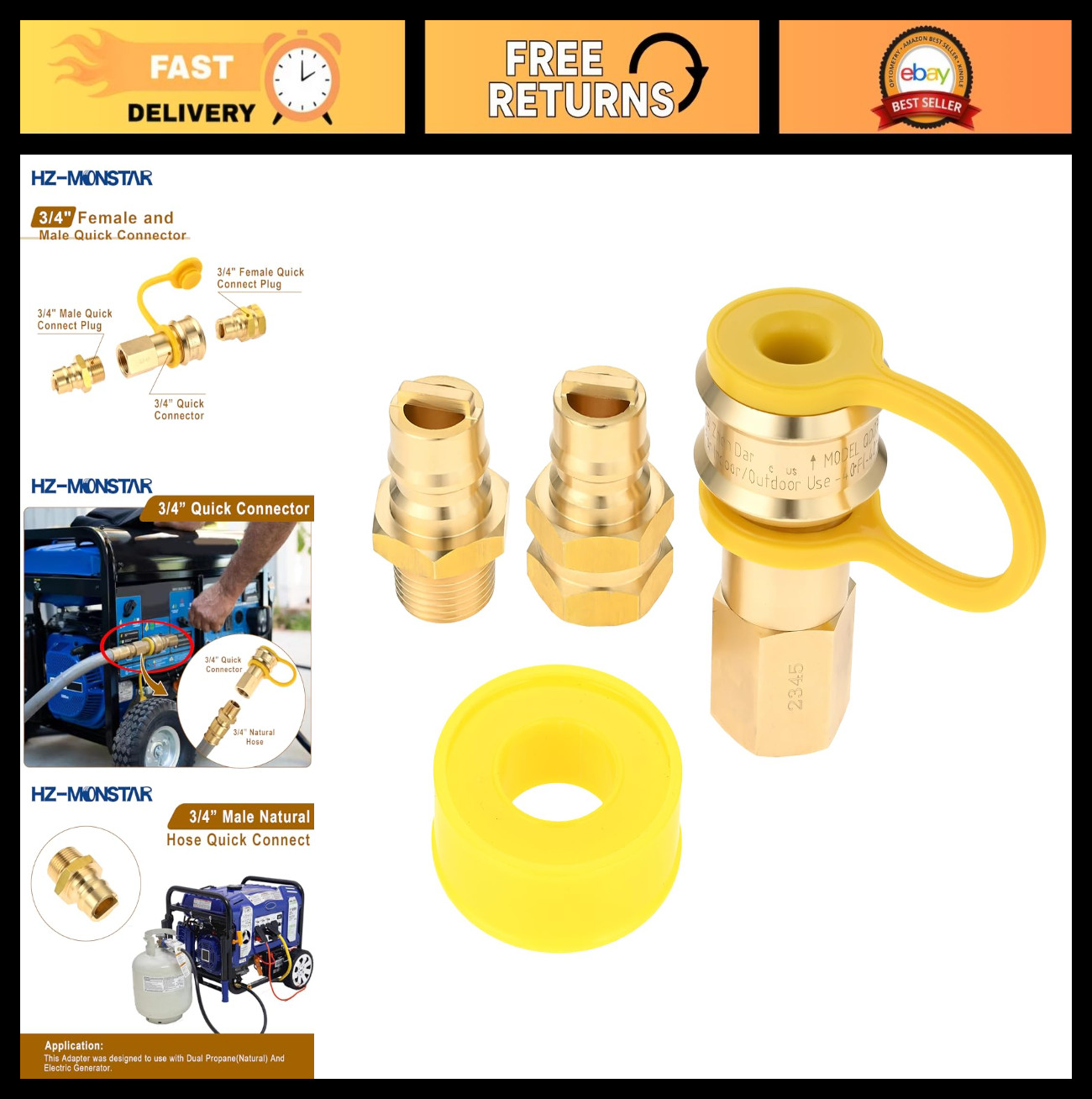 3/4" Propane Hose Quick Connect Fittings, Solid Brass Male & Female Connectors f