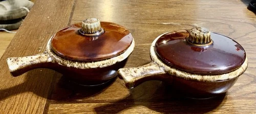 Hull Pottery Brown Drip Glaze Lidded Soup Crocks with Handles – Set of 2