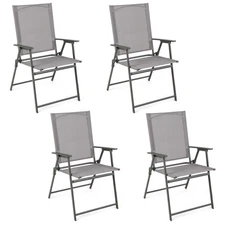 Patio 4pcs Folding Portable Dining Chairs Metal Frame Armrests Outdoor Grey