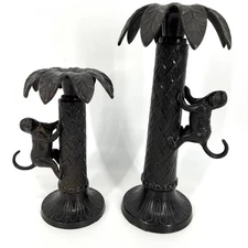 Vintage Bombay Metal Monkey Climbing Palm Tree Candlestick Holders Pair of Two