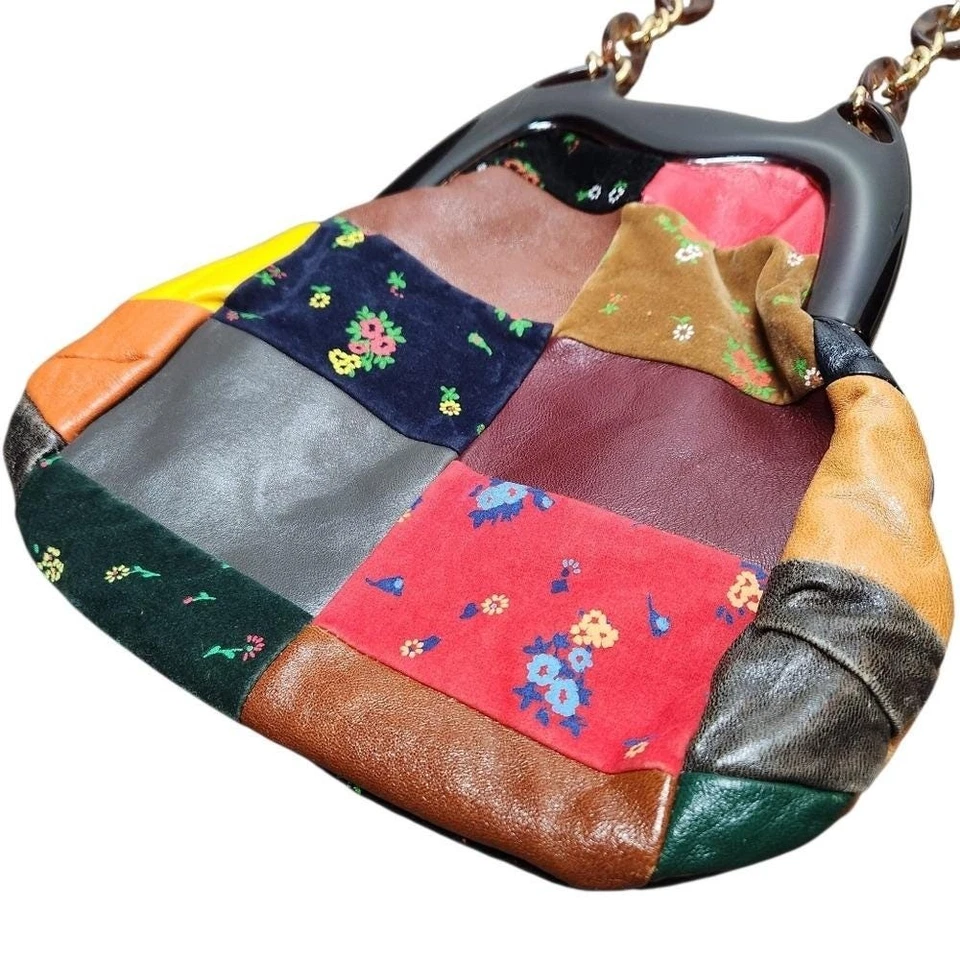 Bolso de Colección Años 60 Italiano Cuero Patchwork Lucite Marco Cadena Tortuga Correa BOHO Foto 4 de 4