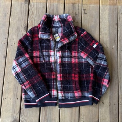 NWT Tommy Hilfiger Sherpa Plaid Full Zip Jacket Women s M Red Black Gray White