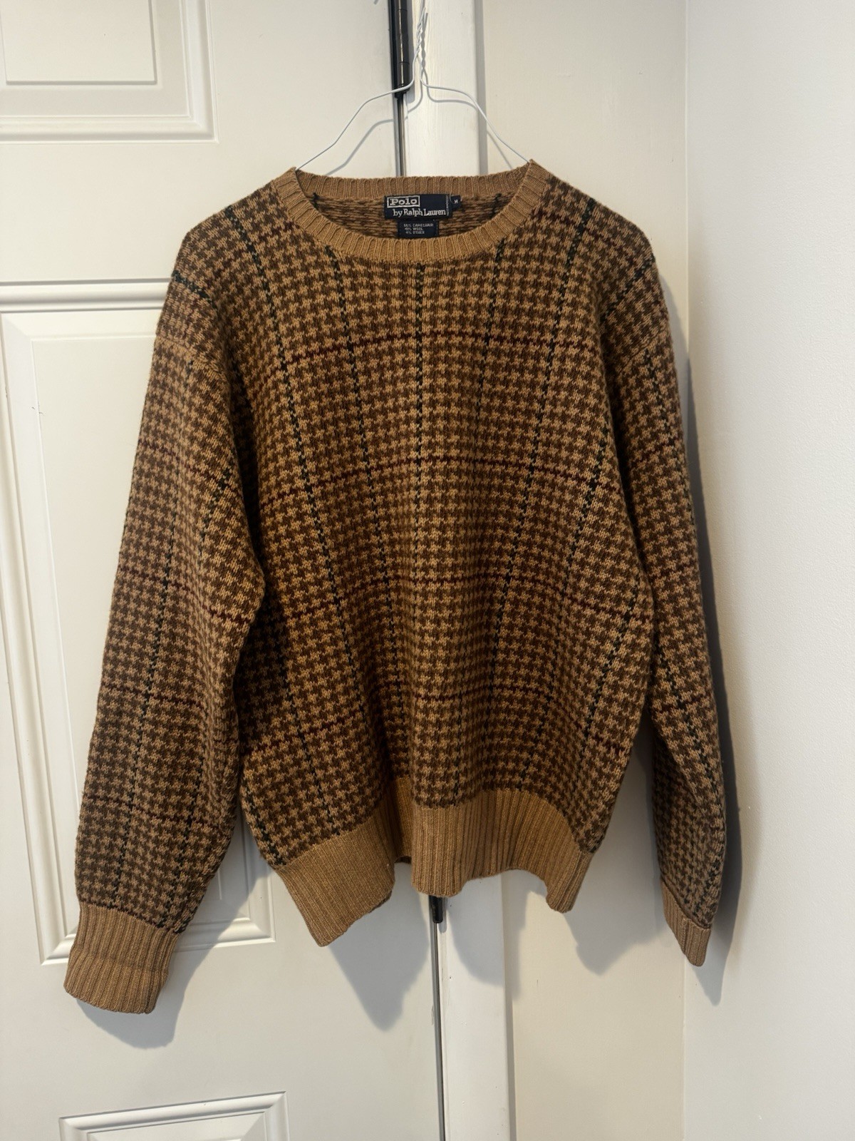 Vintage Polo Ralph Lauren Women’s Brown Houndstooth Sweater camel hair M 80s