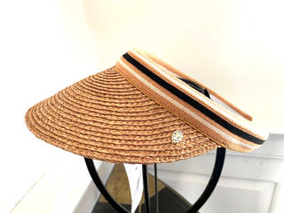 HELEN KAMINSKI MARINA RAFFIA VISOR HAT NEW/TAG NOUGAT/BLACK STRIPE