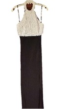 Vtg 90s Zum Zum Halter Gown 13/14 Black White Lace Bodice Open Back Formal Prom