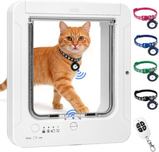 Smart Cat Door with 4 Collar Sensor Key, RFID Cat Door Collar Activated with Rem