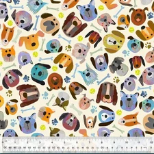 Cotton Fur-ever Friends Dog Faces Paw Bones Ivory Fabric Print by Yard D763.90