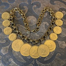 Vintage Anne Klein Gold Queen Elizabeth Hong Kong Coin Statement Necklace