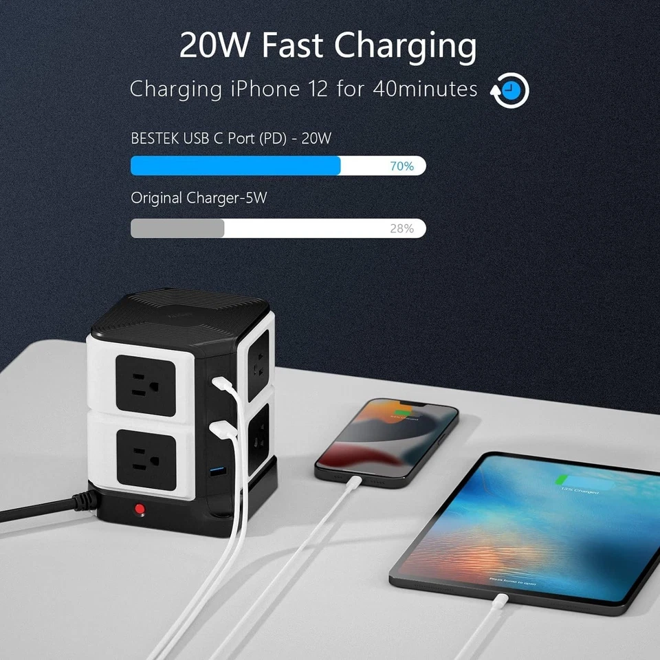Torre Power Strip con PD20W USB C, BESTK 8-Outlet y Negro Blanco Foto 3 de 4