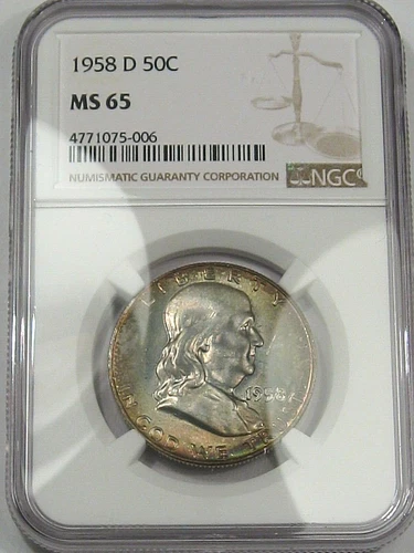 BU GEM Rainbow Toned 1958-d US Franklin Half Dollar. NGC MS65.  #13