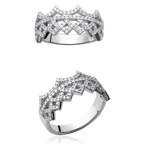 Bague couronne cristaux de zirconium d'exception, alliance en argent massif 925
