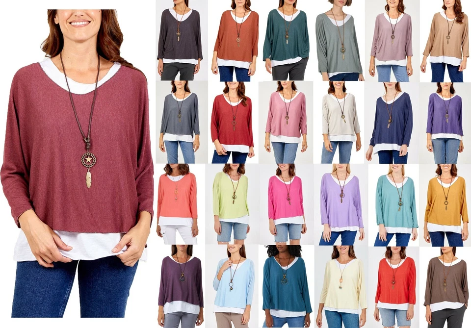 Made In Italy Ladies Double Layered Plain Necklace Casual Lagenlook Tunic Top - Image 1 of 1