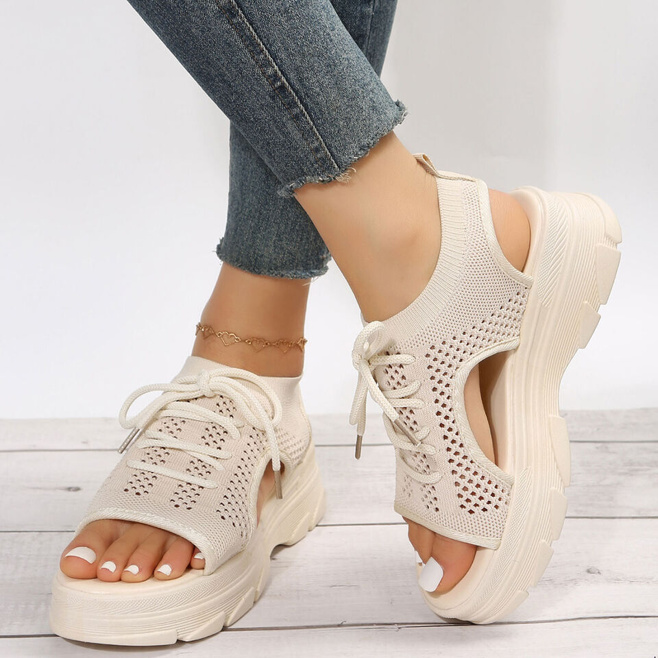 Women Summer Lace Up Mesh Sandals Casual Open Toe Wedges Comfortable ...