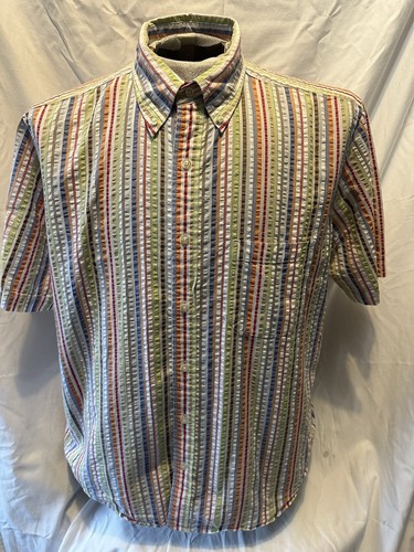 VIN Lands End Men's L Seersucker Cotton Rainbow Stripe Button Up Short Sleeve