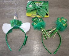 3 pc GREEN ST PATRICKS DAY HEADBANDS BOW TIE CLOVERS SPARKLES one size fits most