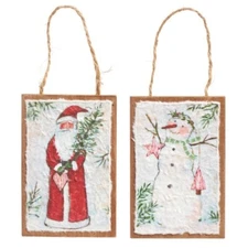 Raz Imports Set of 2 Santa & Snowman Textured paper & wood ornaments, 6" T NWT