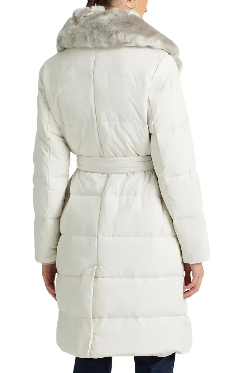 NEW Lauren Ralph Lauren Belted Faux Fur Collar Down u0026 Feather Coat M #C3442  | eBay