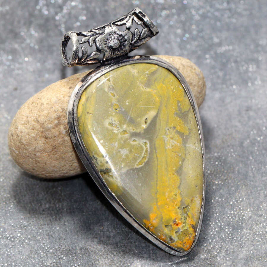 925 Silver Plated Bumble Bee Jasper Chunky Pendant 2.1