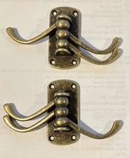 2; Vintage Gold Brass Triple 3 Swivel Coat Hat Swing Hooks Bronze Towel Hangers