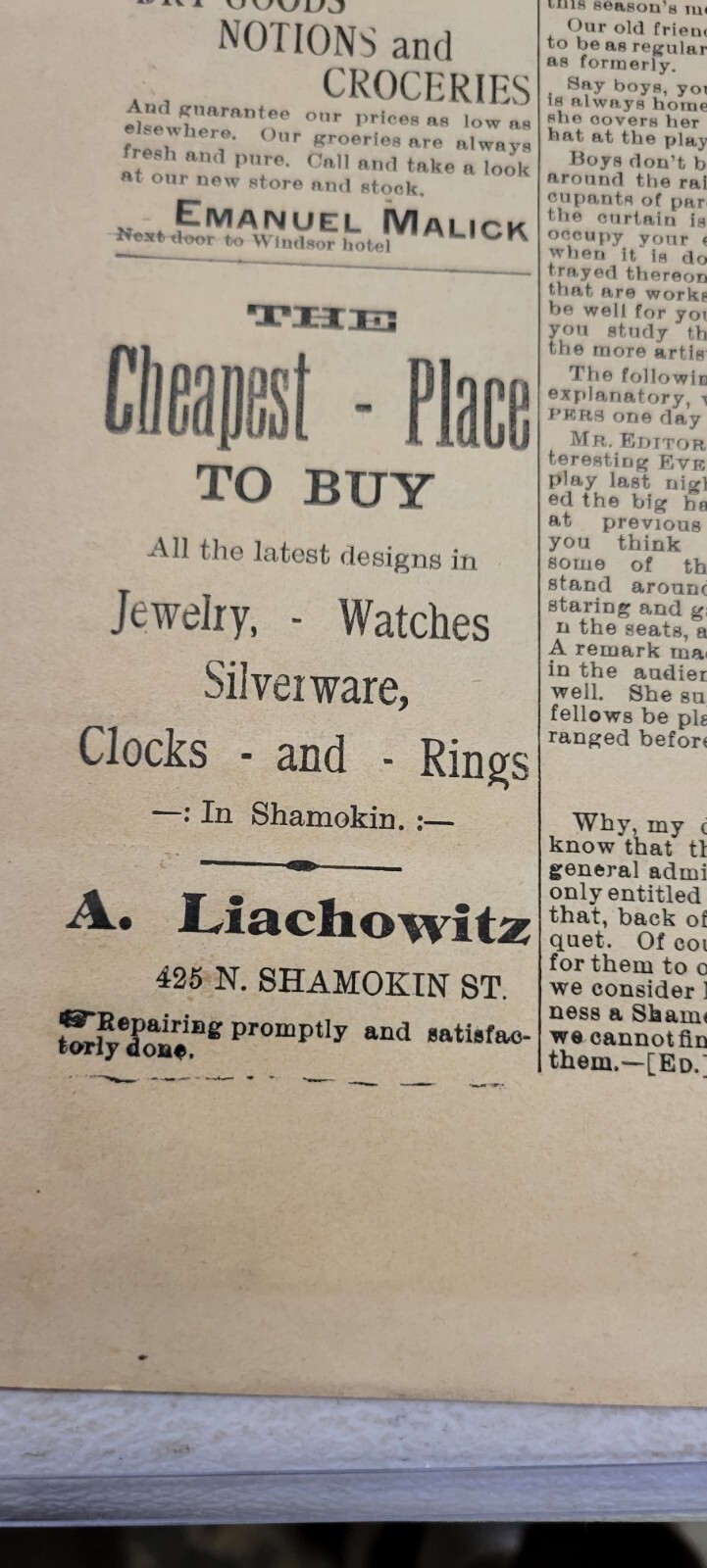 Old Rare 1897 Shamokin PA advertisement Evening Whispers bulletin
