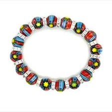 10mm Summer Colors Flower Fancy Glass Beads Stretch Bracelet with Cubic Zirconia