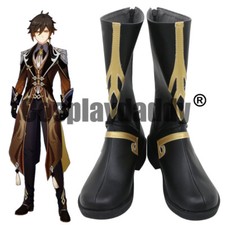 Genshin Impact Liyue Vago Mundo Zhongli Cosplay Black Shoes Mid Calf Boots C006