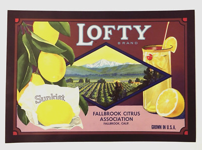 LOFTY Brand Lemons Original Crate Label Sunkist Fallbrook Citrus Association
