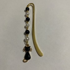 Black & white faux Pearl with black cat charm gold plated Bookmark