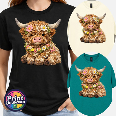 Floral Highland Cow T-Shirt Gift Yarn Effect Spring Calf Graphic Tee S-2XL