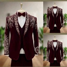 Red Velvet Gold Appliques Men's Suits Luxury Beaded Coat Shawl Lapel Jacket